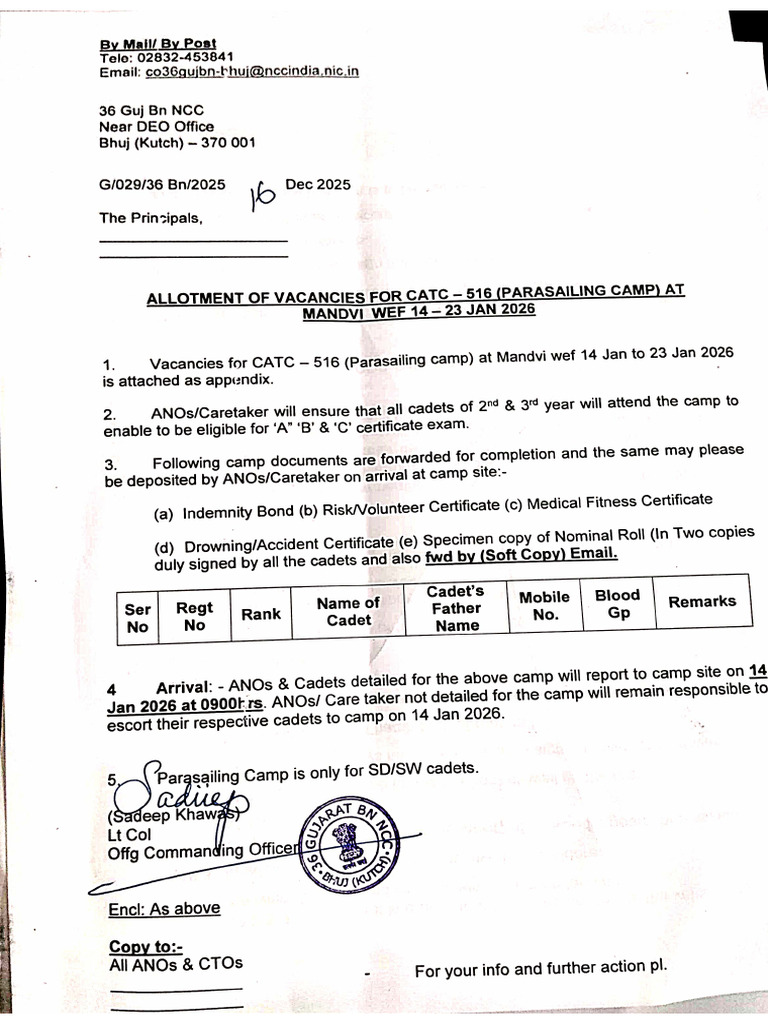 CATC- 516 (Parasailing Camp)Mandvi Wef 14-23 Jan 2026 | PDF