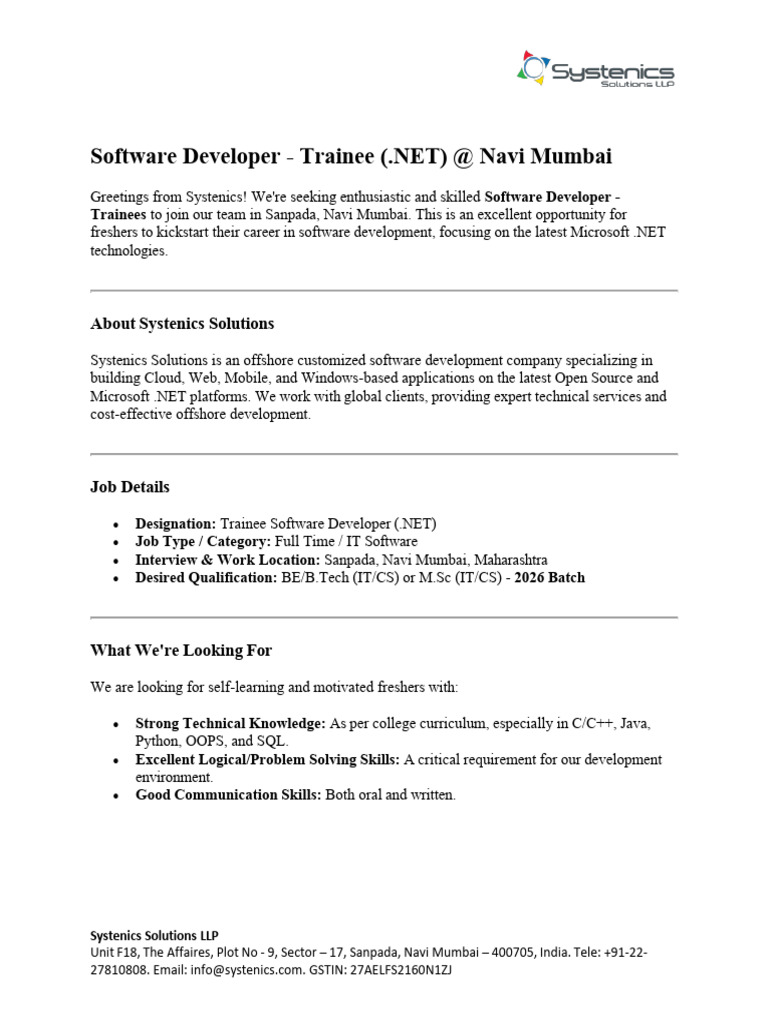 Software Developer Trainee Jobs in Navi Mumbai | PDF | Software ...