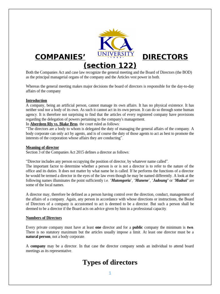 Understanding Company Directors' Roles | PDF | Law Of Agency | Legal ...