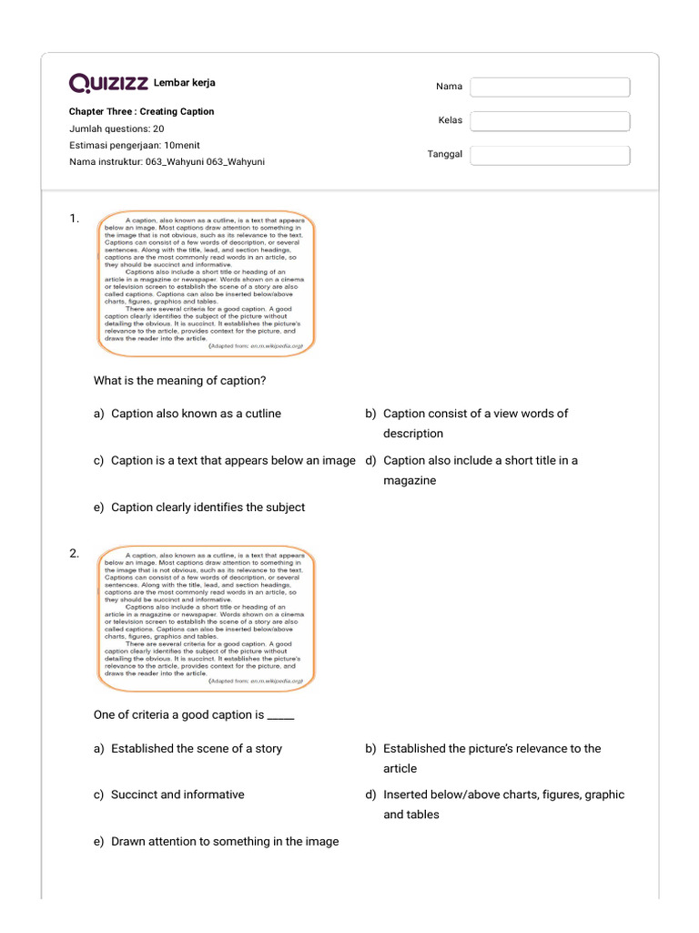Caption Creation Worksheet with Questions | PDF
