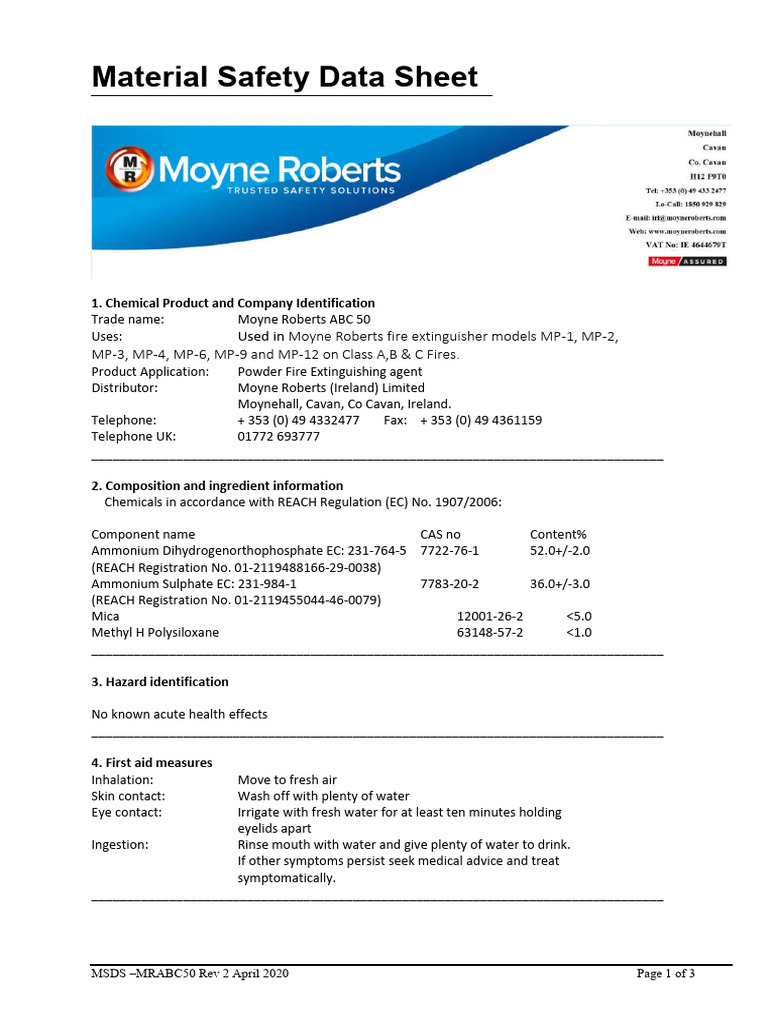 Moyne Roberts ABC 50 MSDS Guide | PDF | Materials | Chemistry