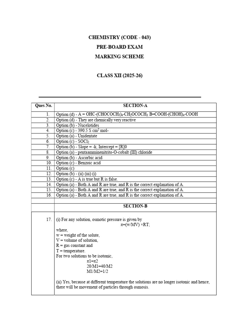 Chemistry Class XII Pre-Board Marking Scheme | PDF | Chemical ...