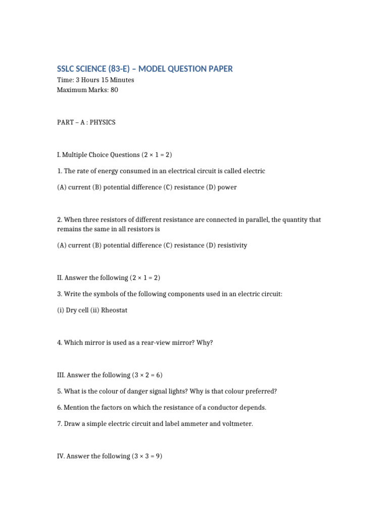 SSLC Science Model Question Paper | PDF | Voltage | Resistor