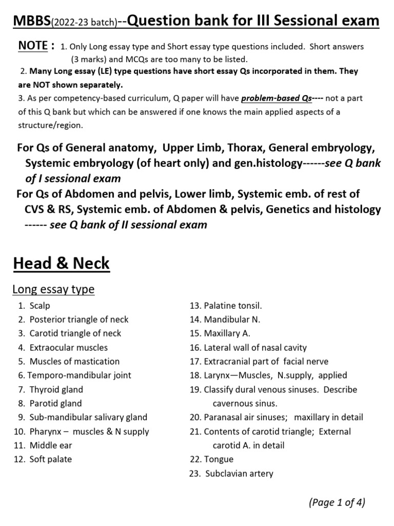 MBBS 2022-23 III Sessional Exam Q Bank | PDF | Neck | Common Carotid Artery