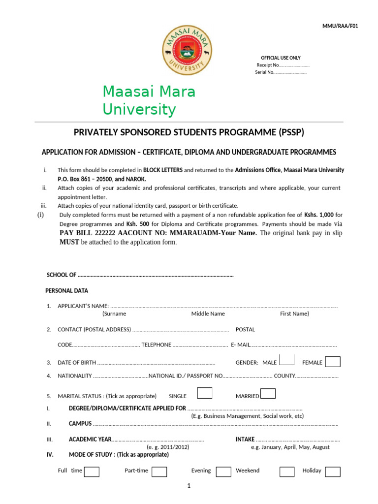 Maasai Mara University Admission Application | PDF