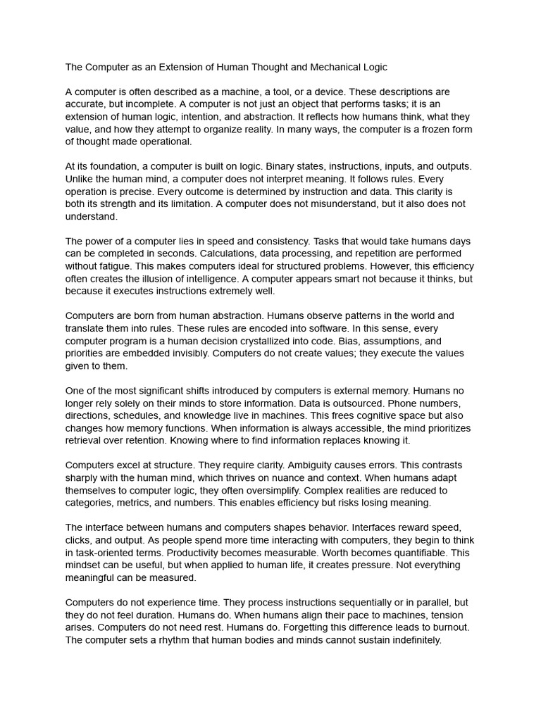 The Computer as an Extension of Human Thought and Mechanical Logic ...