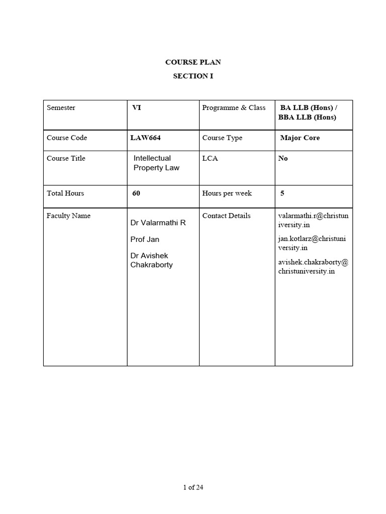 Intellectual Property Law Course Plan | PDF | Intellectual Property ...