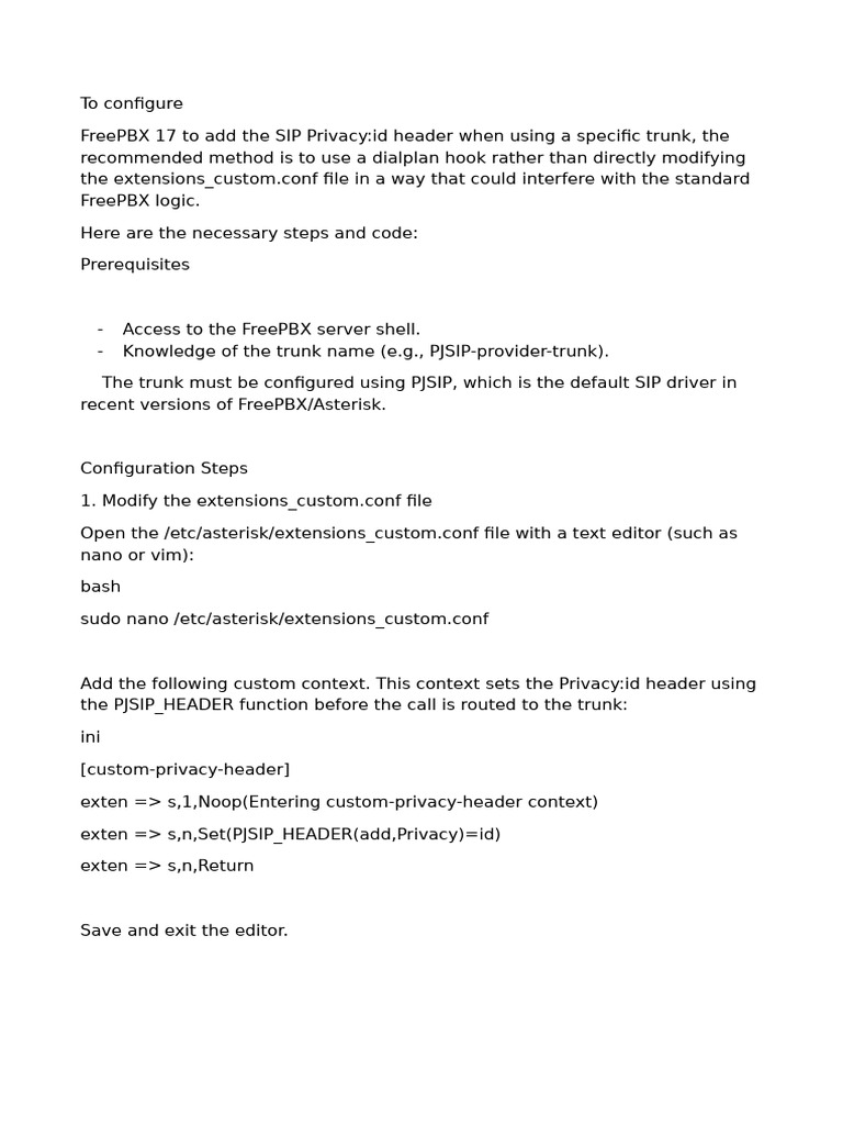 Configure SIP Privacy Header in FreePBX | PDF