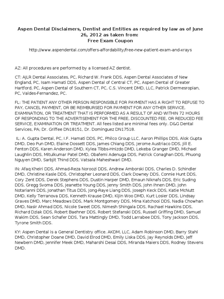 Aspen dental dentist and entities as of june 26 pdf