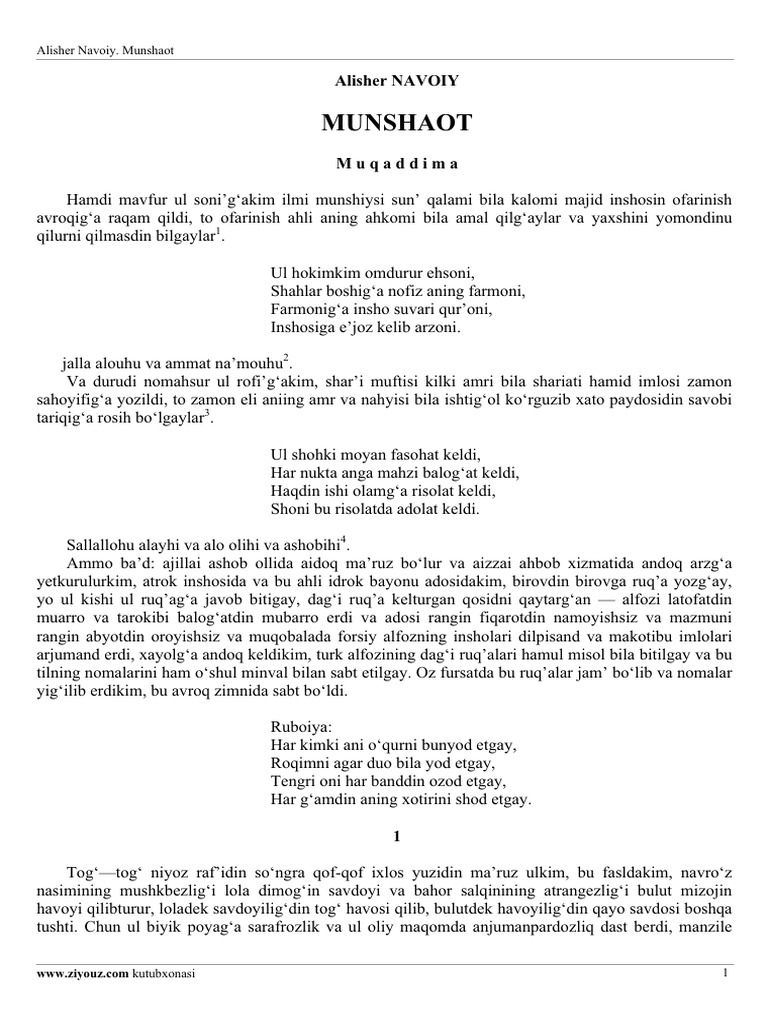Alisher Navoiy - Munshaot | PDF