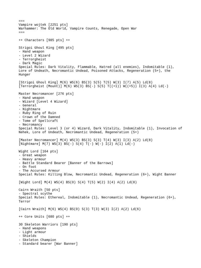 Warhammer Vampire Counts Army List | PDF