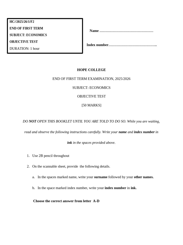 Economics Objective Test 2025/2026 | PDF | Demand | Price Elasticity Of ...