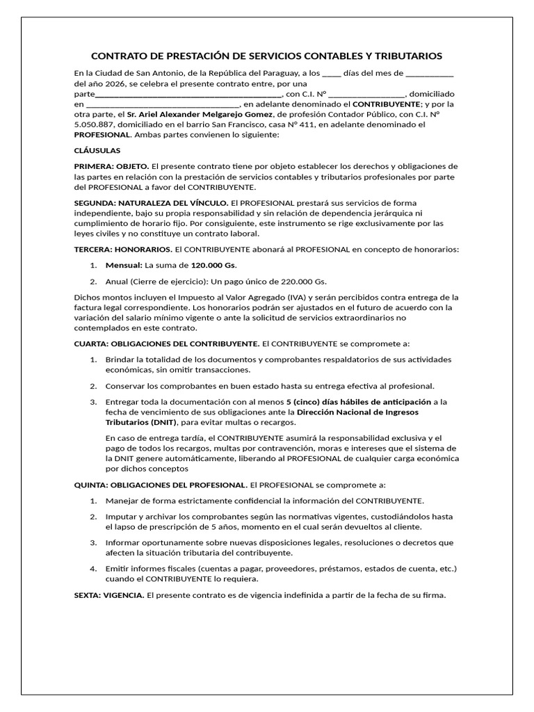 Contrato de Prestación de Servicios Contables y Tributarios | PDF ...