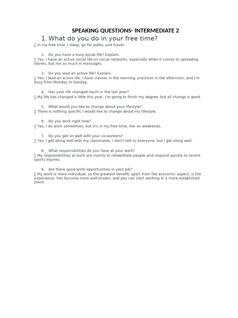 Speaking Questions- Int 2resp | PDF