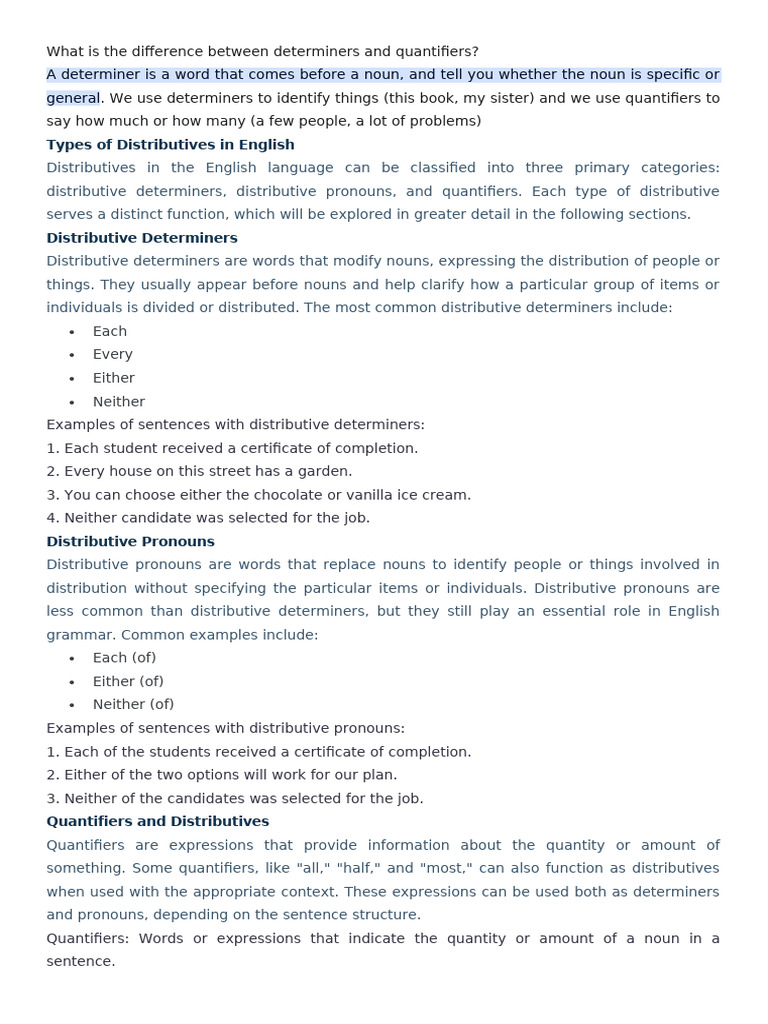 Determiners vs. Quantifiers Explained | PDF | Pronoun | Noun