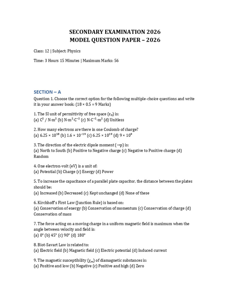 Class 12 Physics Model Question Paper 2026 | PDF | Inductance ...