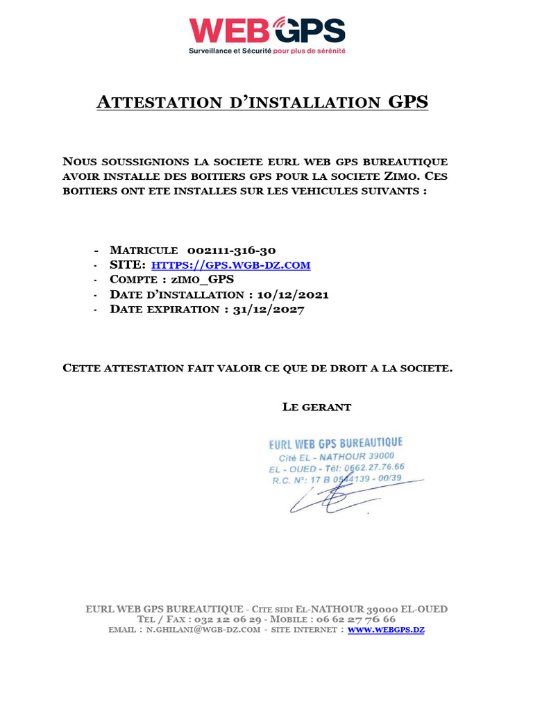 Attestation d'installation GPS ZIMO | PDF