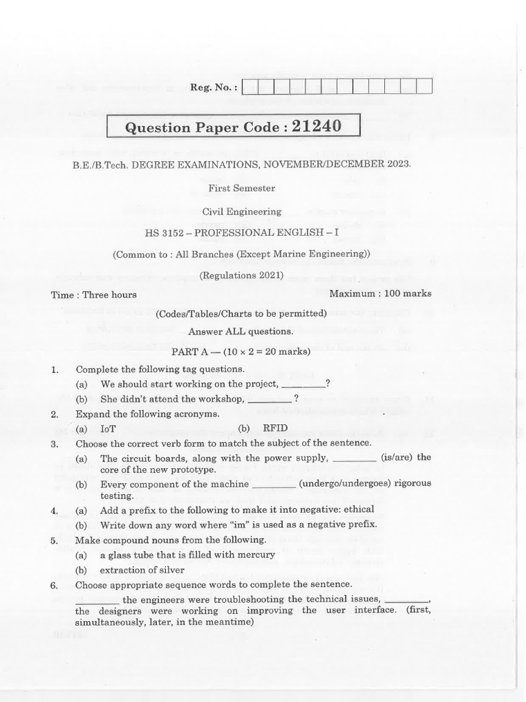 Professional English I - HS3152 2021 Regulation - Question Paper 2023 ...