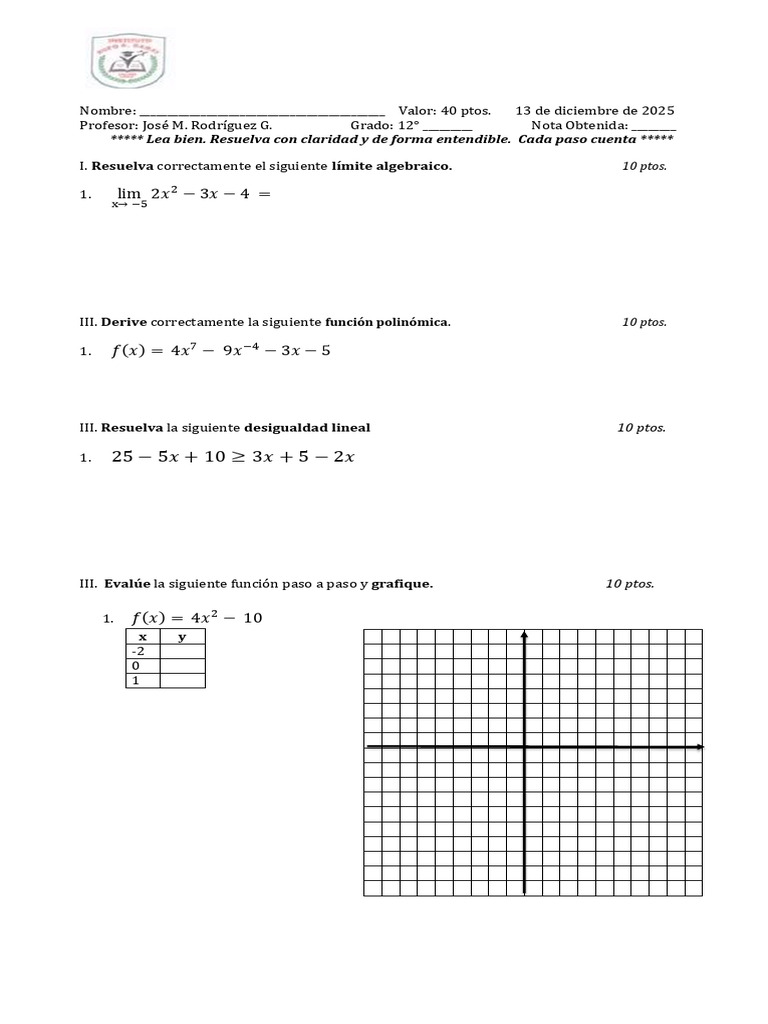 Examen de Reválida Matemática 12° Grado | PDF