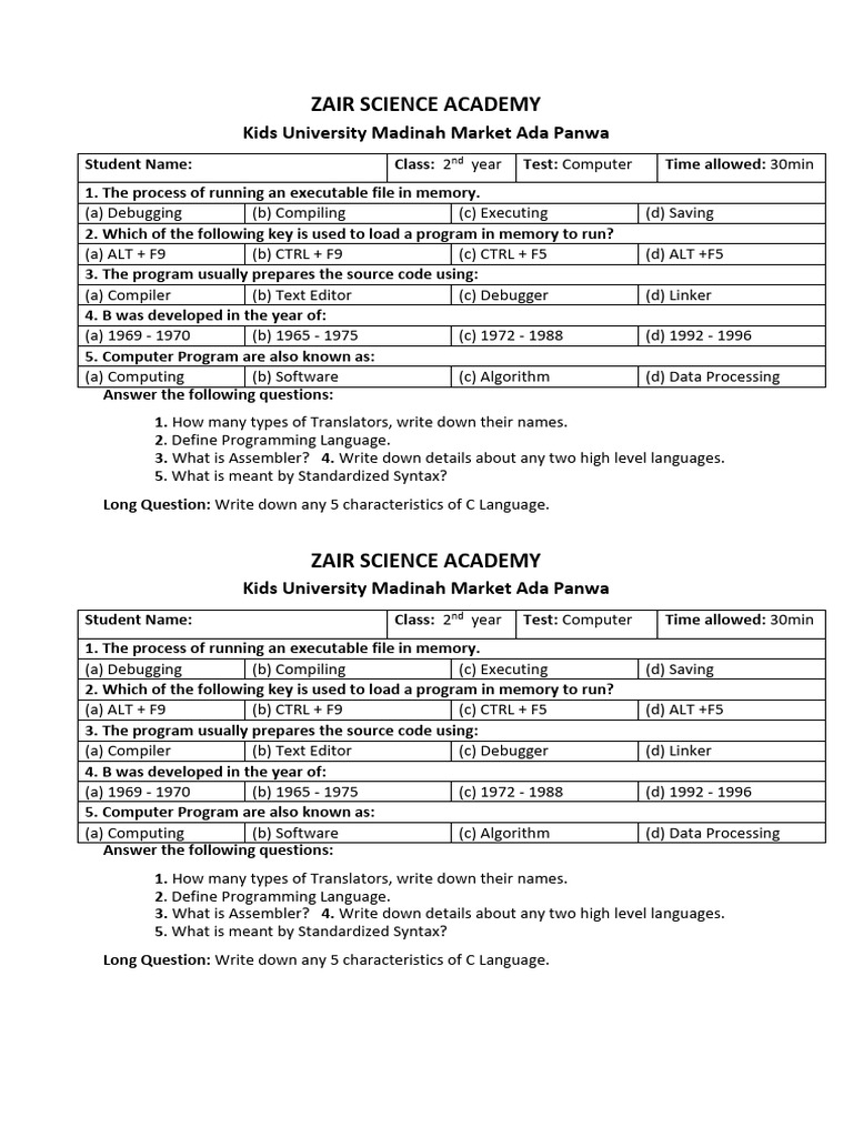 Computer Test for 2nd Year Students | PDF | Programming | Computer Program