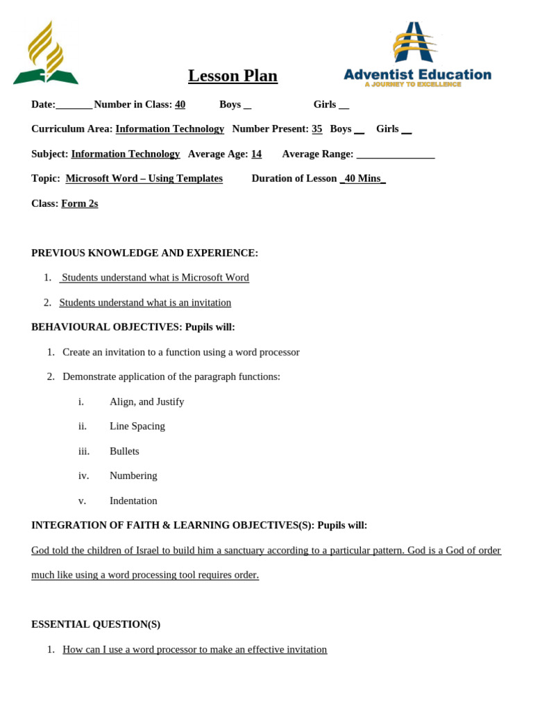Microsoft Word Invitation Lesson Plan | PDF | Microsoft Word | Teachers