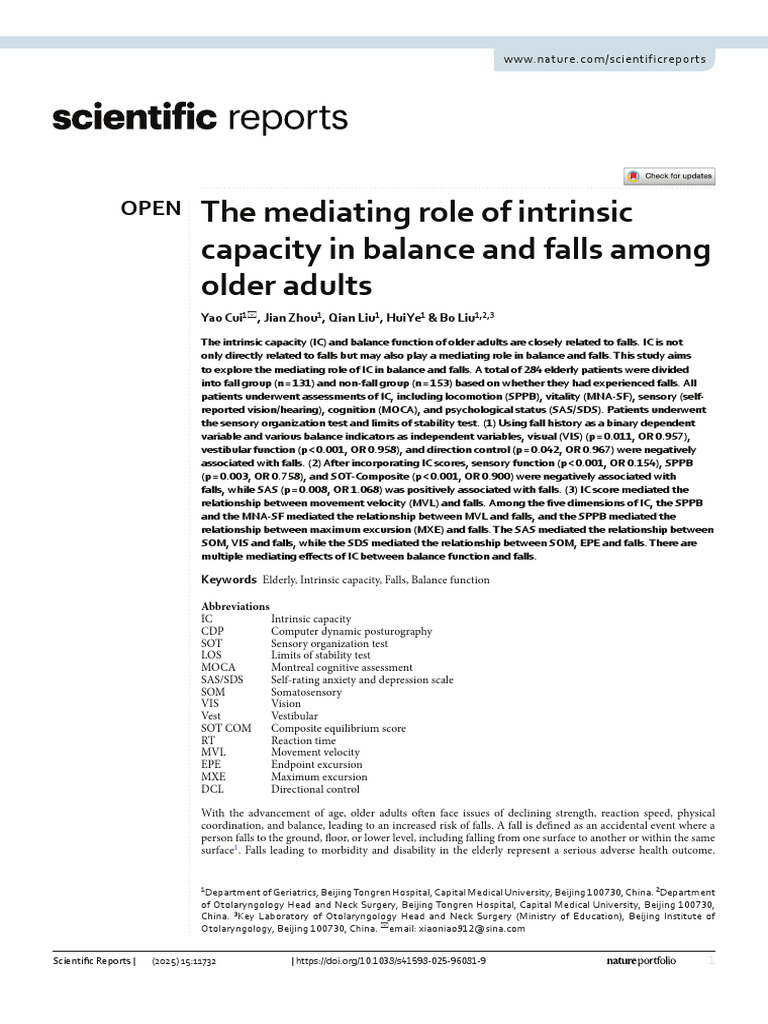 Intrinsic Capacity and Falls in Seniors | PDF | Balance (Ability ...