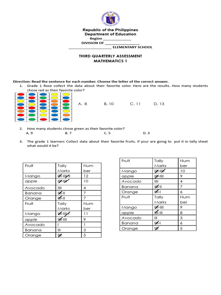 Grade 1 Mathematics Quarterly Assessment | PDF