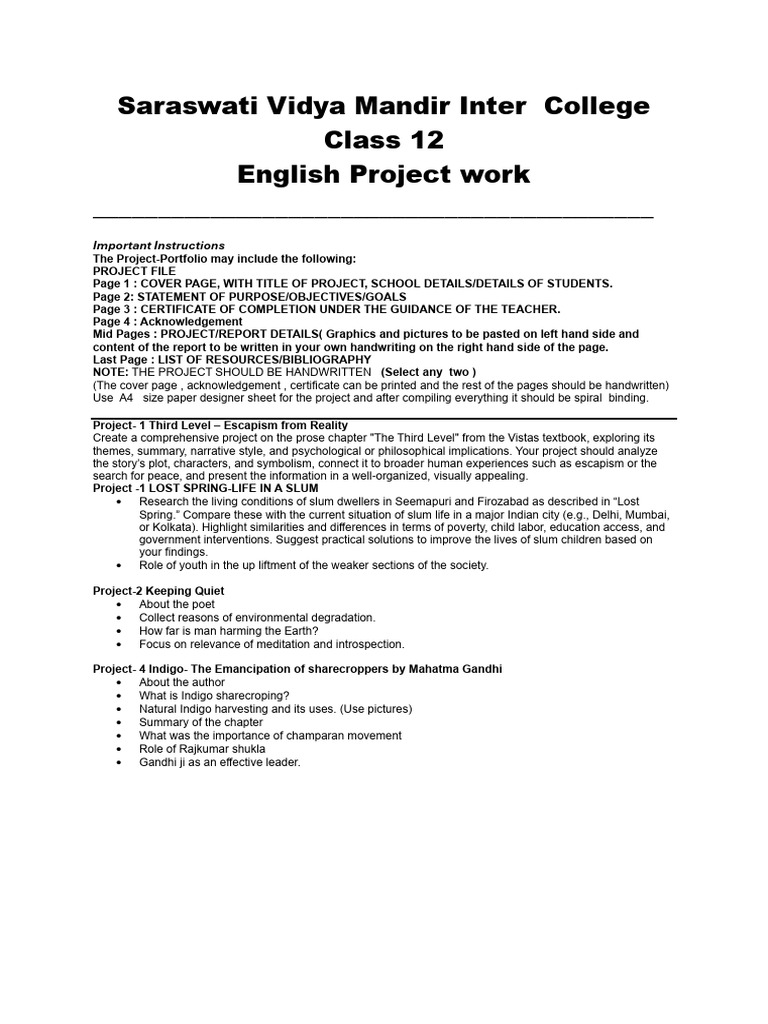 Class 12 English Project Guidelines | PDF