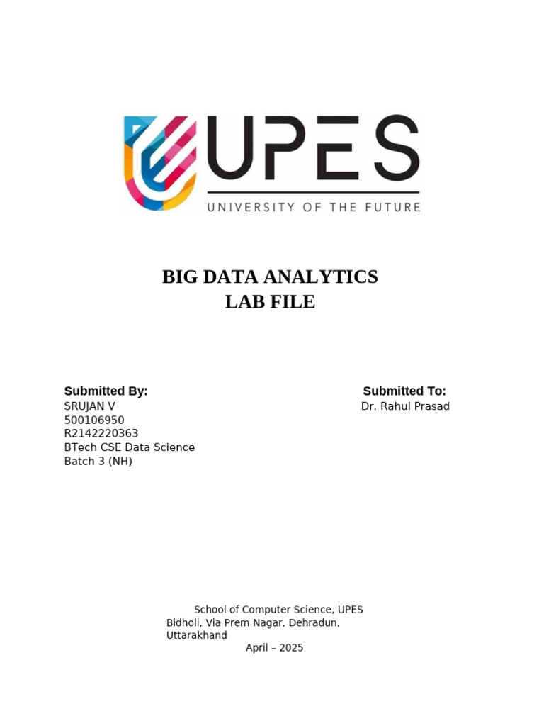 Big Data Lab File - Srujan V - 500106950 | PDF | Apache Hadoop | Map Reduce