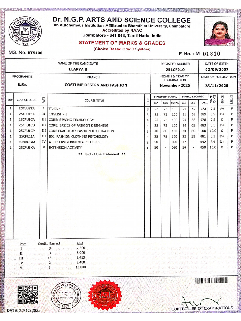 Elakya Sem 1 Marksheet | PDF