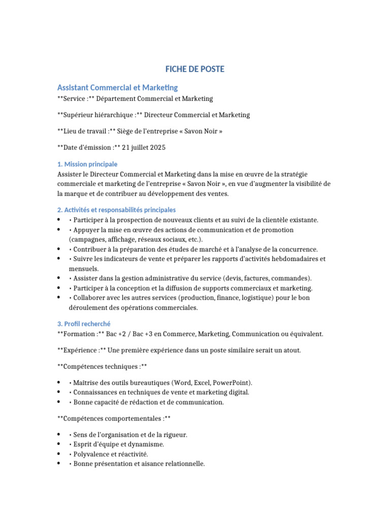 Fiche de Poste : Assistant Commercial Marketing | PDF ...