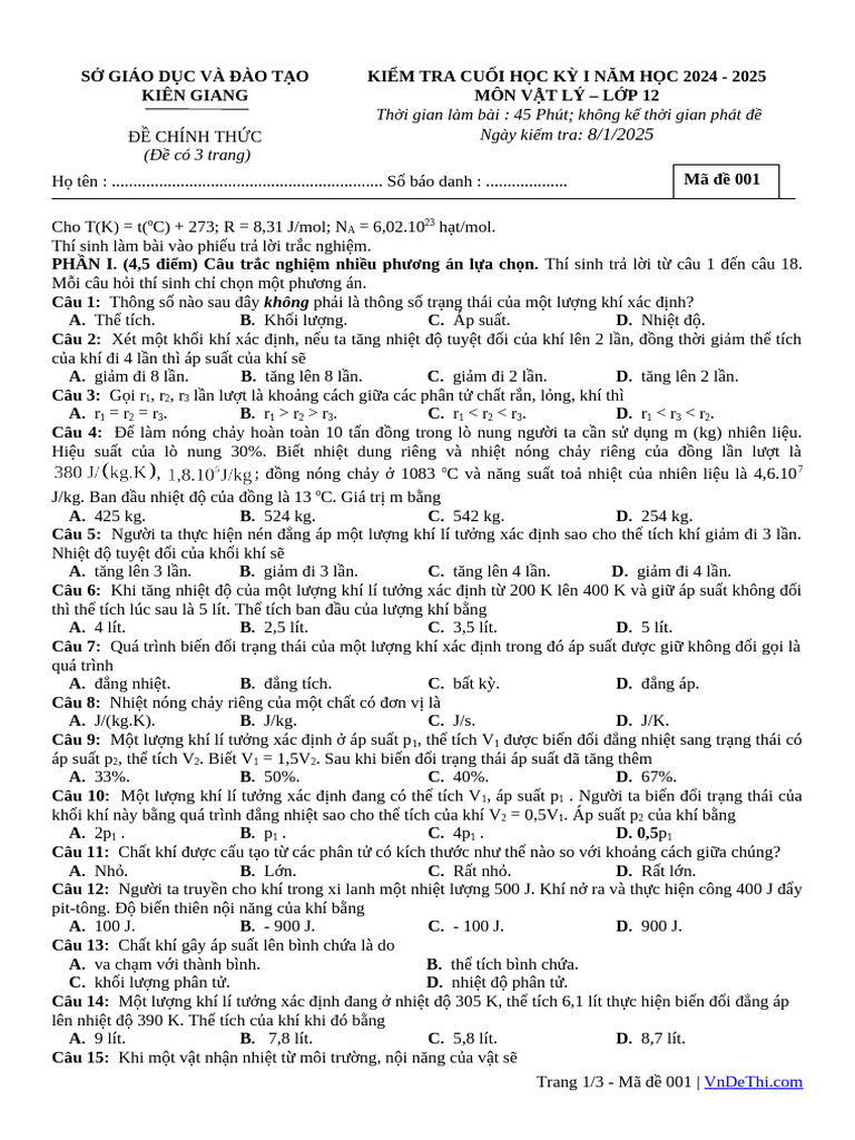 De Cuoi Ky 1 Vat Li 12 Nam 2024 2025 So Gddt Kien Giang1 | PDF