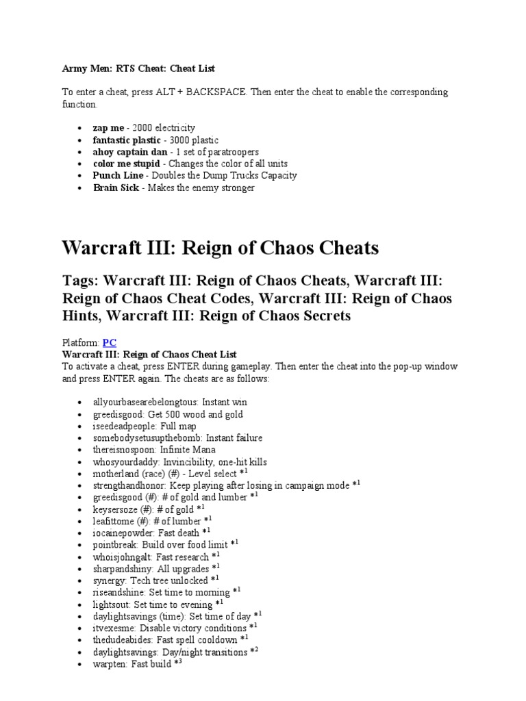 Army Men Rts Cheats Codes