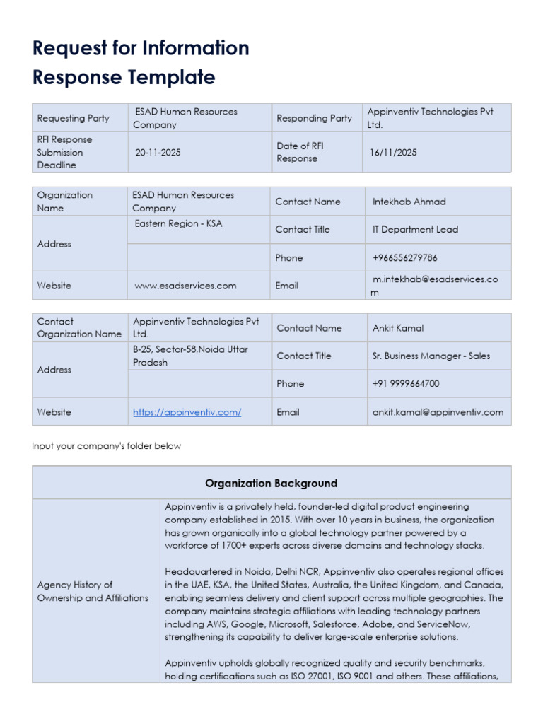 RFI Response Template for Appinventiv | PDF | Quality Assurance ...