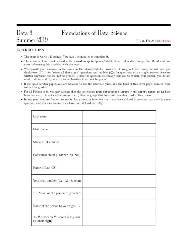 Data8 Su19 Final Solutions | PDF | Errors And Residuals | P Value