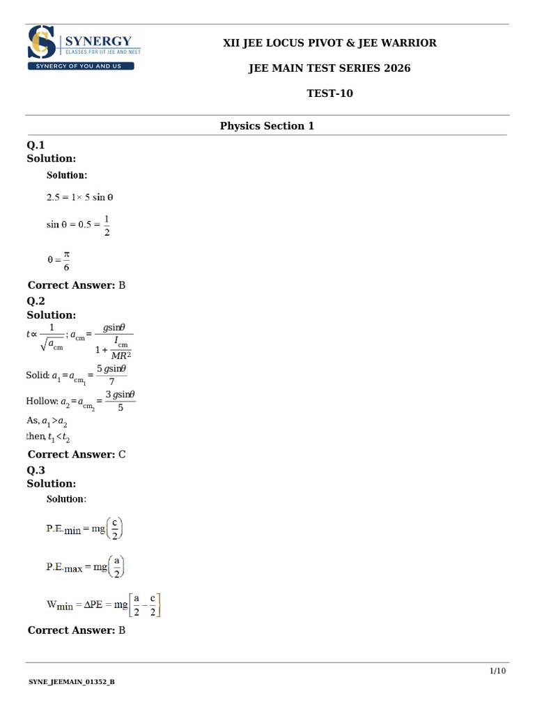 JEE Main 2026 Physics Test Series 10 | PDF | Standardized Tests ...