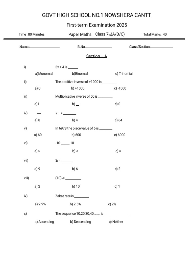 7th Grade Math Exam Paper 2025 | PDF | Abstract Algebra | Algebra
