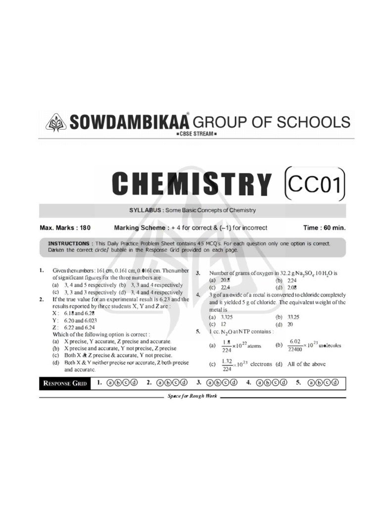 Basic Chemistry MCQs Practice Sheet | PDF | Mole (Unit) | Chemical ...