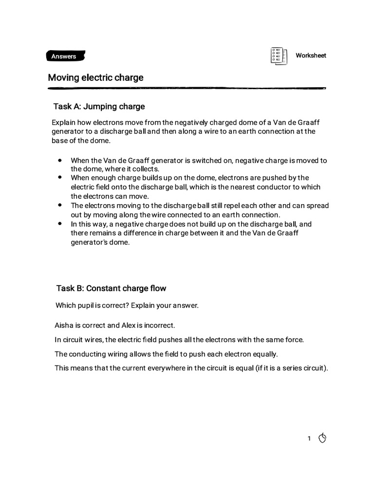 Moving Electric Charge GCSE Worksheet Answers | PDF | Electric Charge | Electric Field