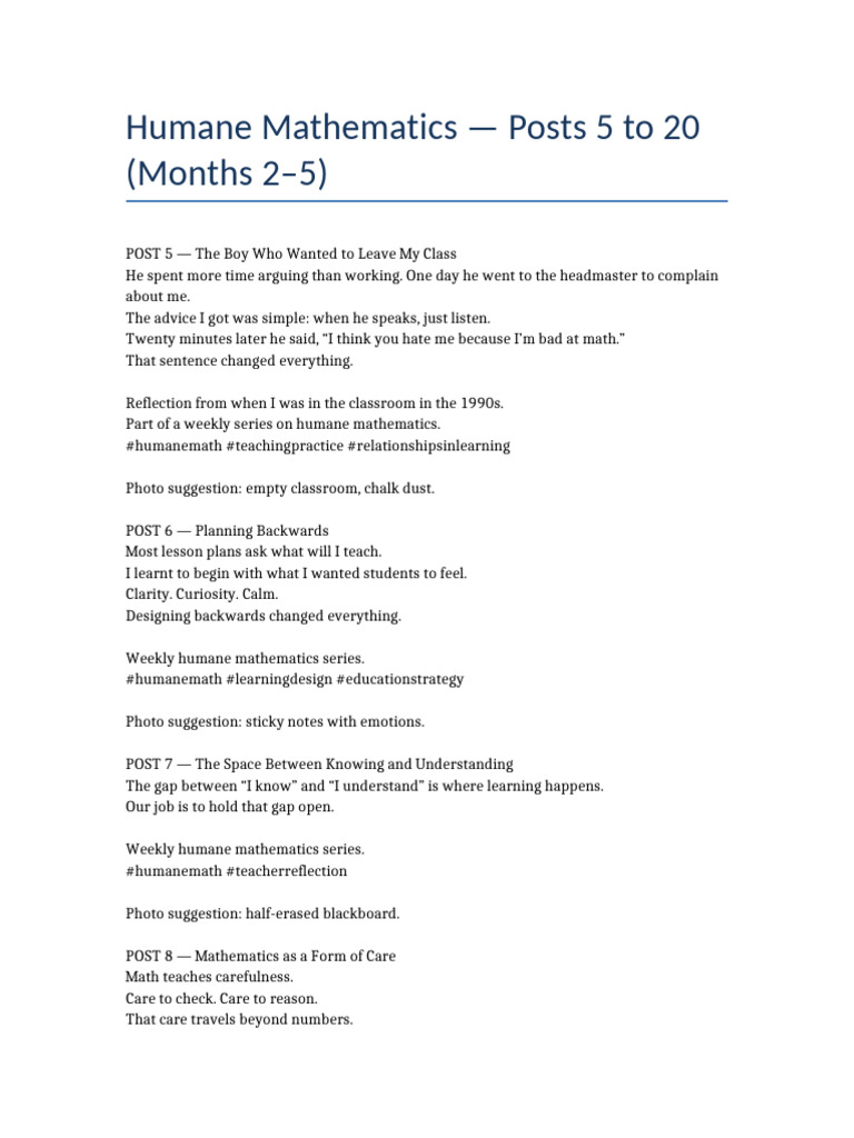 Humane Mathematics Posts 5 to 20 | PDF | Mathematics | Learning