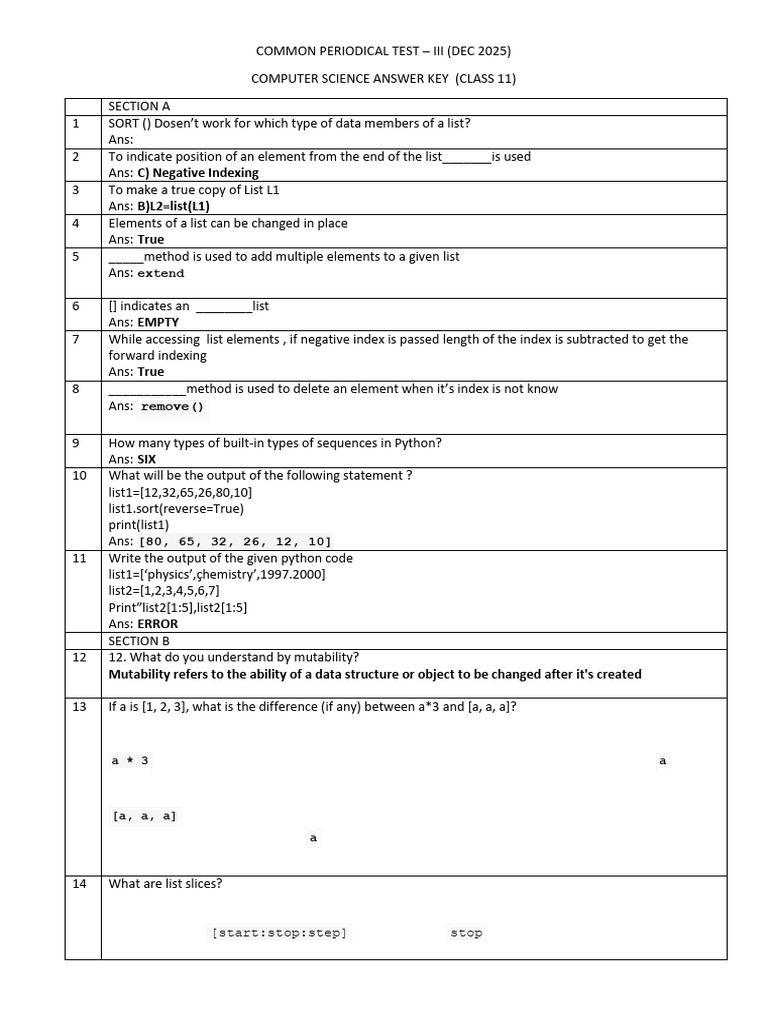 Class 11 Computer Science Test Answers | PDF | String (Computer Science ...