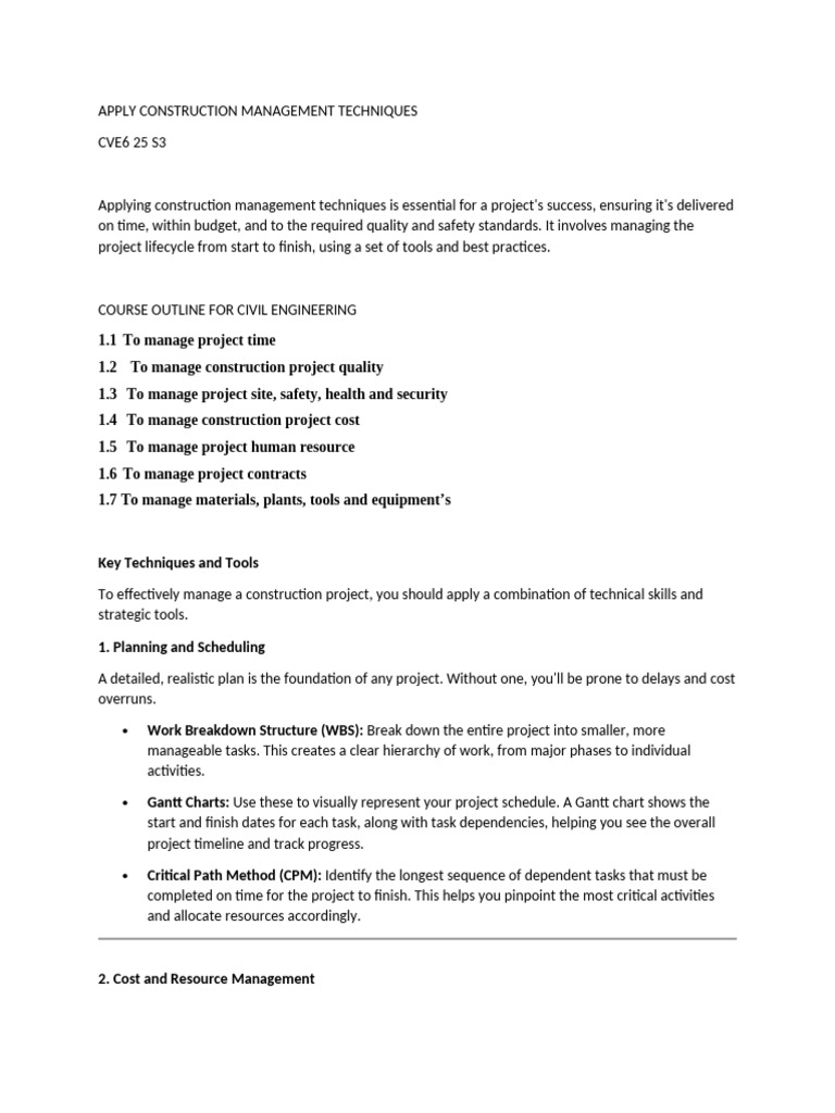 Apply Construction Management Techniques Topic 1 | PDF | Project Management