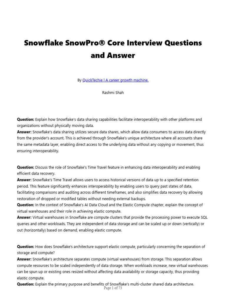 Snowflake SnowPro® Core Interview Guide | PDF | Databases | Sql