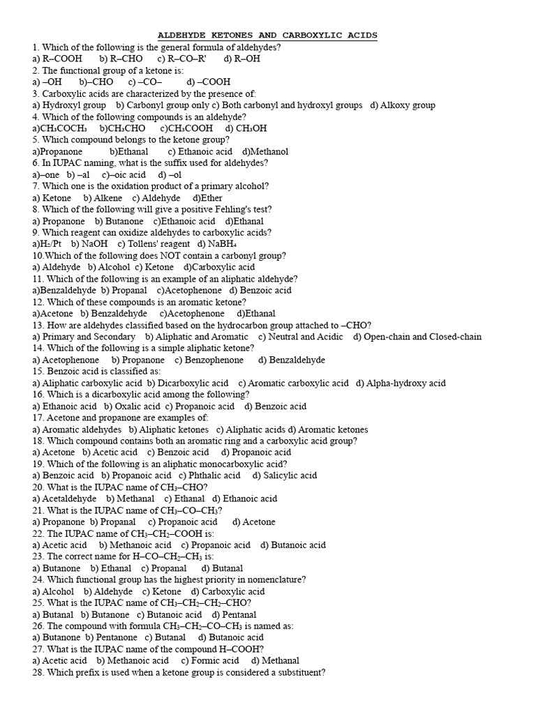Aldehydes, Ketones, and Carboxylic Acids Quiz | PDF | Aldehyde ...