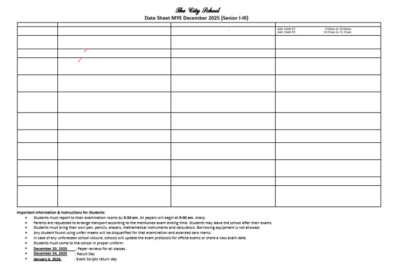 City School December 2025 Exam Schedule | PDF