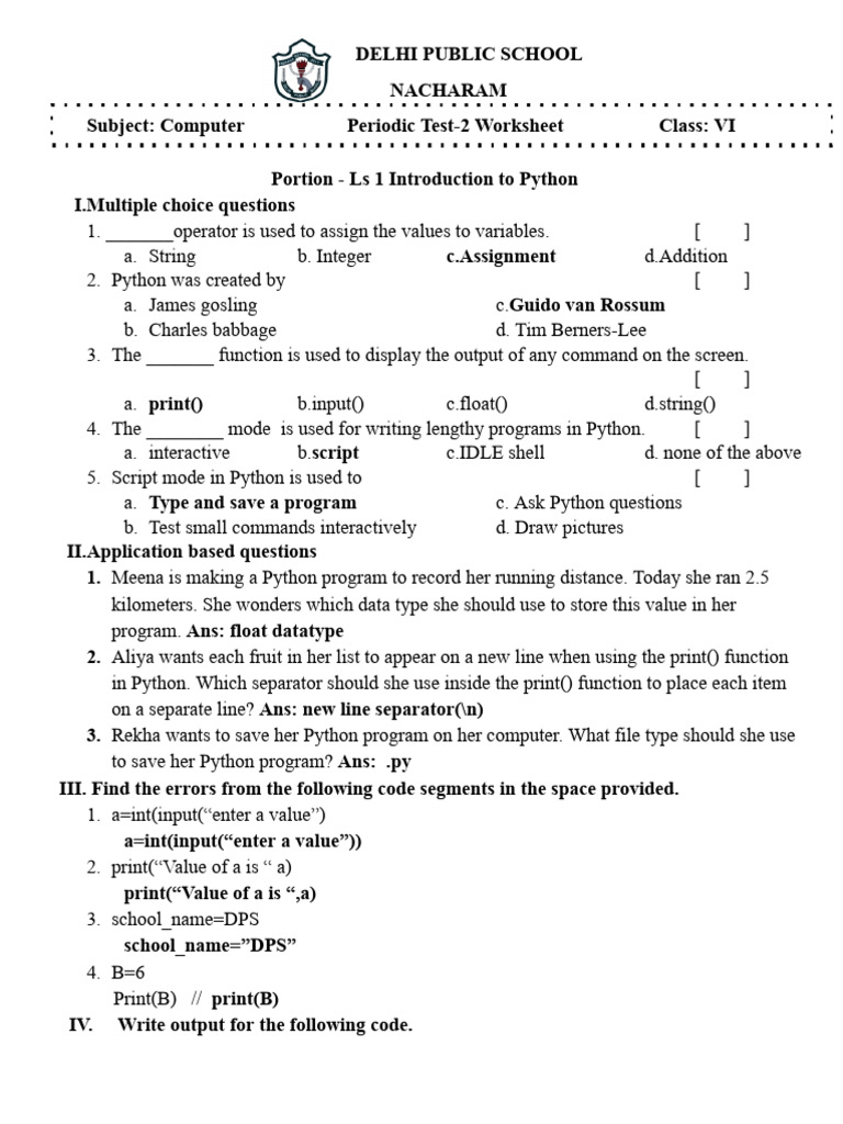 Computer Worksheet: Python Basics VI | PDF | Python (Programming ...