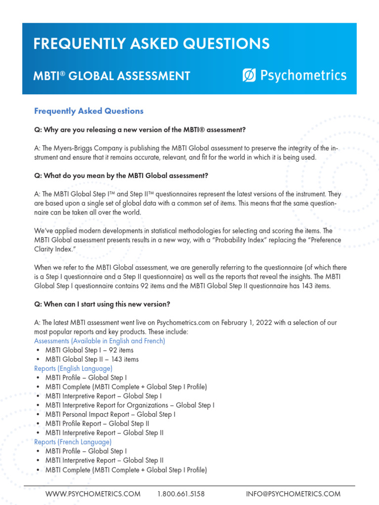 MBTI Global Assessment FAQs | PDF | Questionnaire | Extraversion And ...