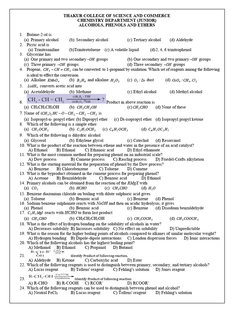 Alcohols, Phenols, and Ethers Quiz | PDF | Ether | Ester