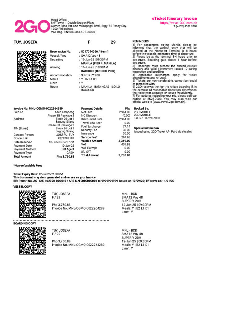 2GO Travel eTicket Itinerary Invoice | PDF | Legal Liability | Ticket ...