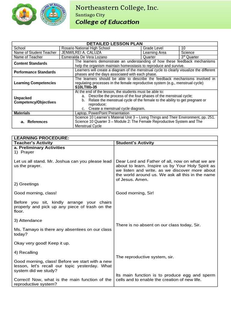 Menstrual Cycle Lesson Plan for Grade 10 | PDF | Menstrual Cycle ...